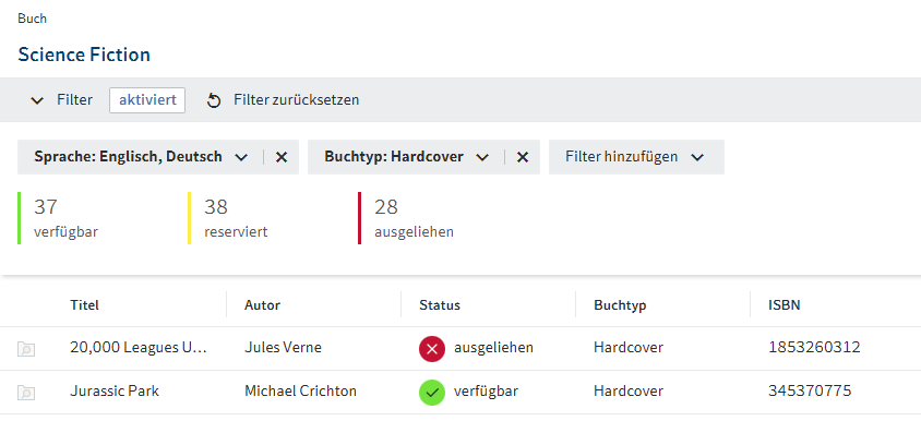 Quickfilter 'Sprache: Englisch, Deutsch' und 'Buchtyp: Hardcover' über einer Tabelle