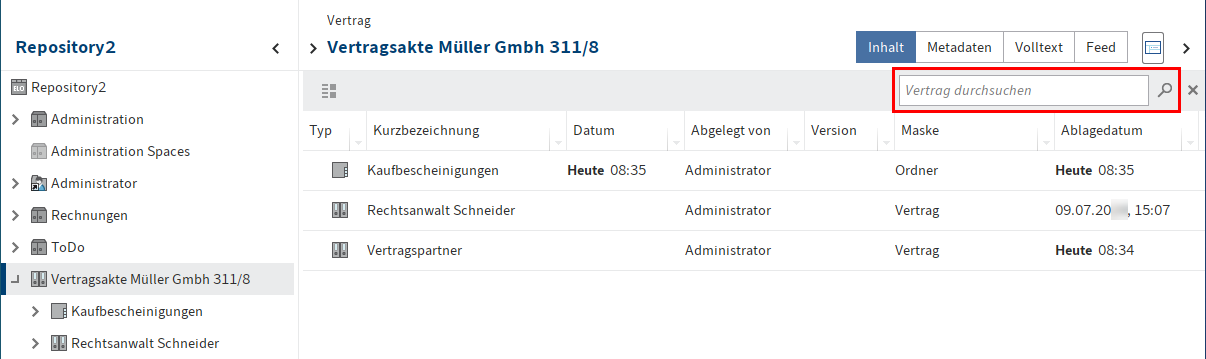 Funktionsbereich 'Ablage'; Ordneransicht des Business-Objekts 'Vertragsakte Müller GmbH 311/8'