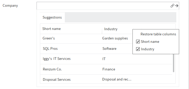 Context menu for the list of entries