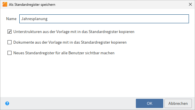 Dialog 'Als Standardregister speichern'