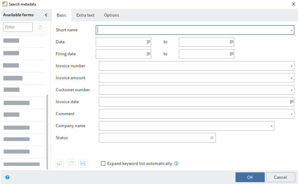 'Search metadata' dialog box