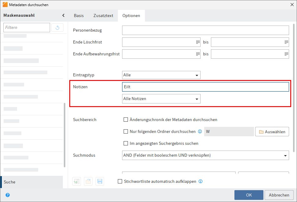 Dialog 'Metadaten durchsuchen'