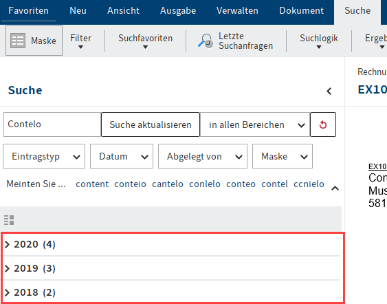 Suchergebnis nach Datum gruppiert in der reduzierten Anzeige
