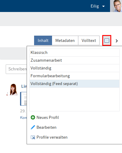Button 'Anzeigeprofile auswählen und konfigurieren' neben dem Tab 'Volltext', Drop-down-Menü