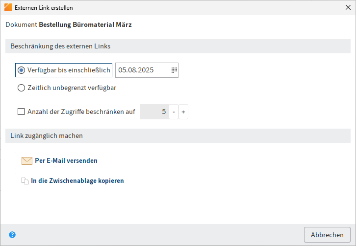 Dialog 'Externen Link erstellen'