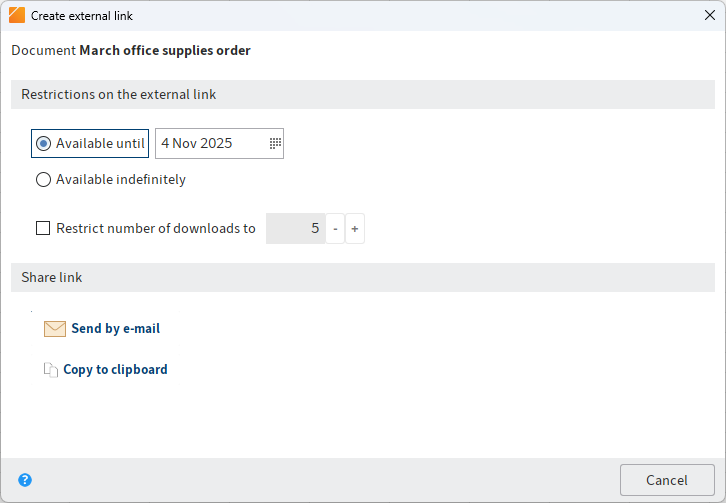 'Create external link' dialog box