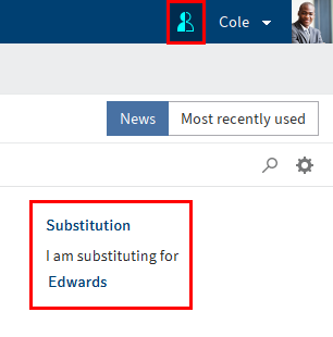 Blue person icon on the ribbon, 'Substitutes' area in 'My ELO' with the text 'I am substituting for: Kowalski'
