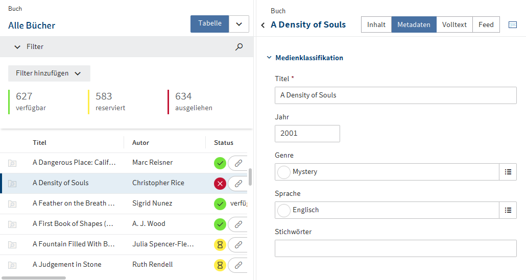 Markierter Eintrag in der Tabelle und Formular zum Eintrag