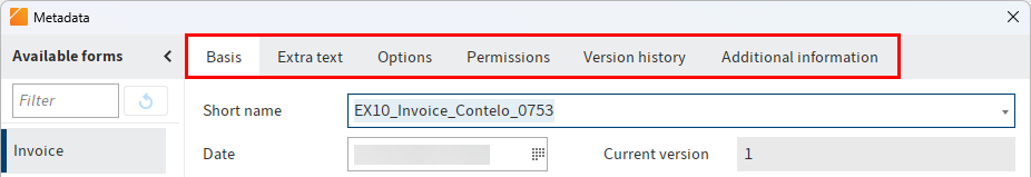 Tabs in the 'Metadata' dialog box