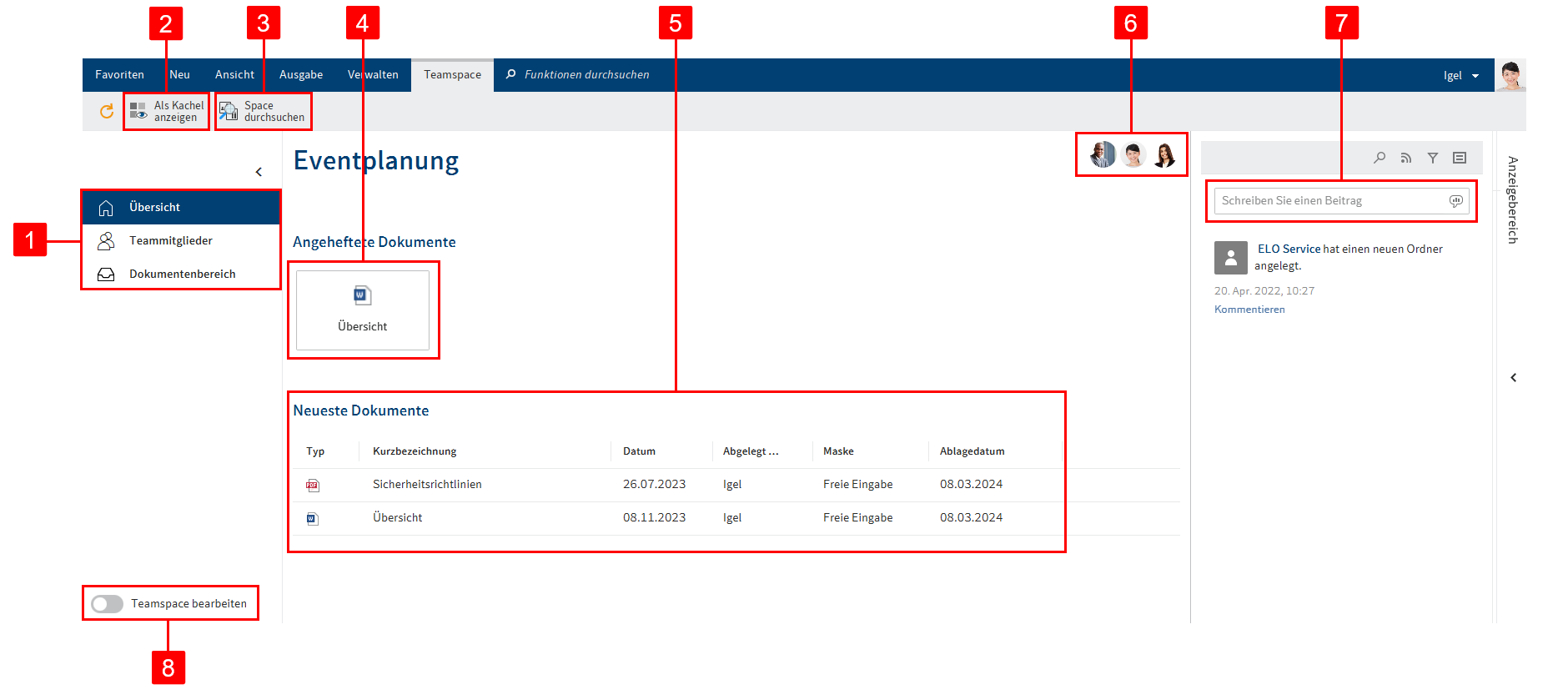 Übersicht des Teamspace 'Eventplanung'