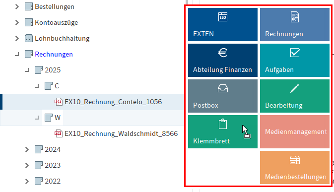 Funktionsbereich 'Ablage'; Kachel-Overlay bei markiertem Eintrag