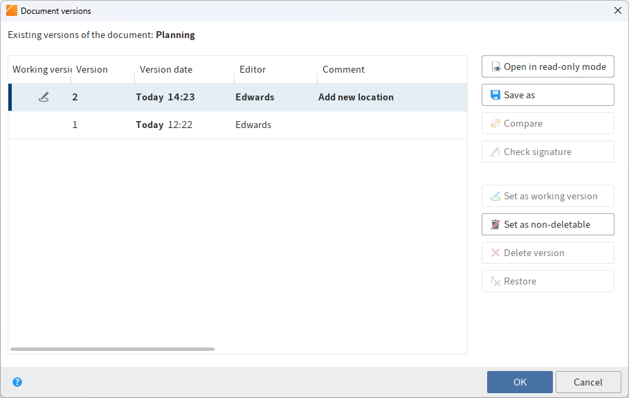 'Document versions' dialog box