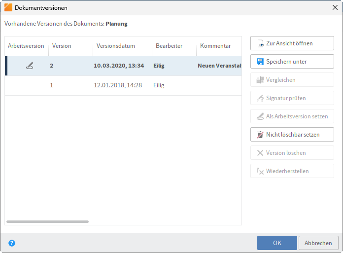 Dialog 'Dokumentversionen'