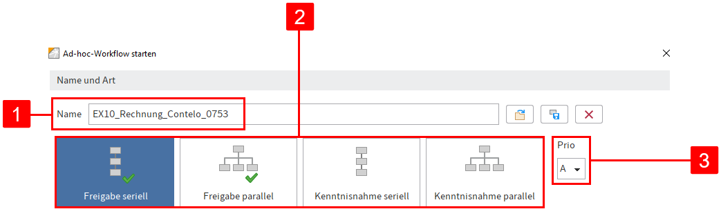 Dialog 'Ad-hoc-Workflow starten'; Bereich 'Name und Art'; Feld 'Name', 4 voreingestellte Workflows und Drop-down-Menü 'Prio'