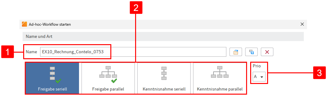 Dialog 'Ad-hoc-Workflow starten'; Bereich 'Name und Art'; Feld 'Name', 4 voreingestellte Workflows und Drop-down-Menü 'Prio'