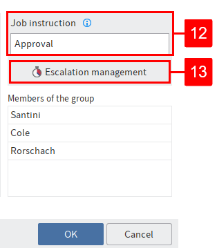 'User selection and job instruction' area; 'Job instruction' field and 'Escalation management' button