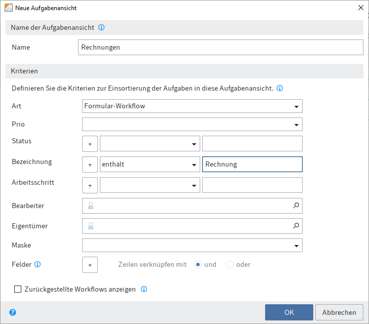 Dialog 'Neue Aufgabenansicht'