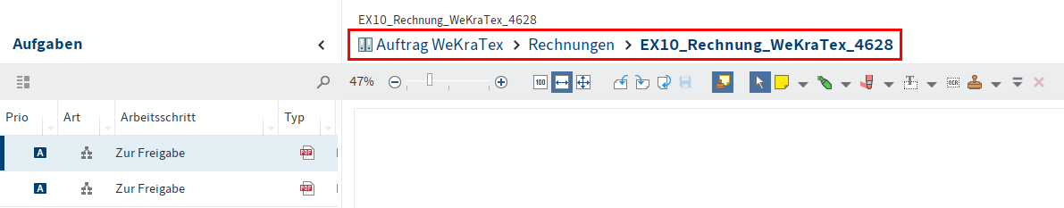 Navigationspfad über der Dokumentenvorschau für eine Aufgabe