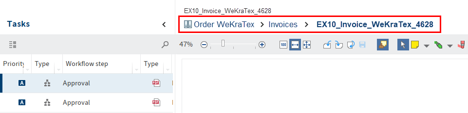 Breadcrumb above the document preview for a task