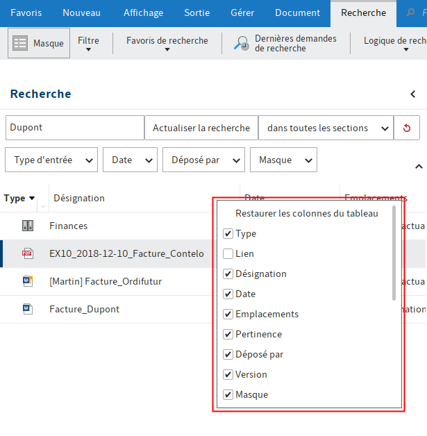 Menu contextuel pour le résultat de recherche