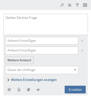 Bereich zum Erstellen einer Umfrage mit Eingabefeldern für Frage, Antwortmöglichkeiten und Dauer der Umfrage