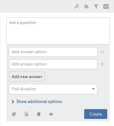 Area for creating a poll with input fields for the question, answer options, and poll duration