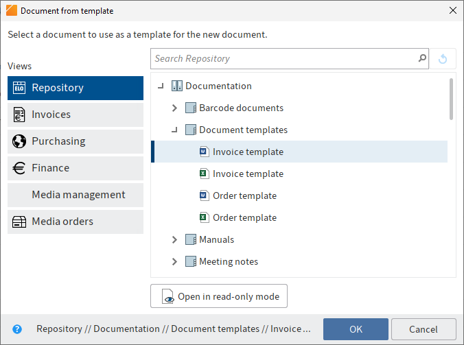 'Document from template' dialog box