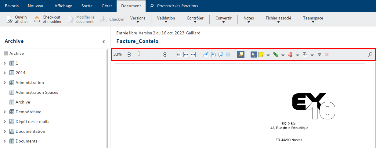 Section 'Dépôt'; barre de la visionneuse au-dessus de la visionneuse de document