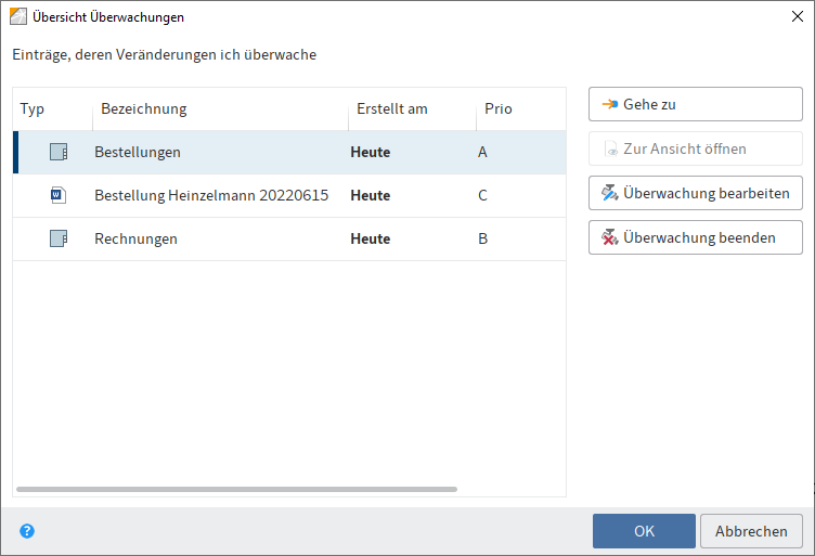 Dialog 'Übersicht Überwachungen'