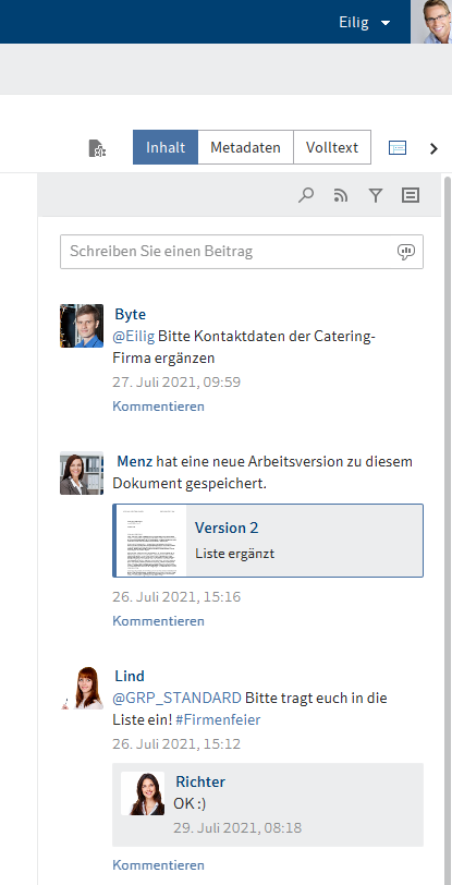 Feed im Anzeigebereich