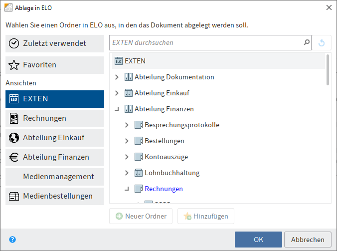 Dialog 'Ablage in ELO'