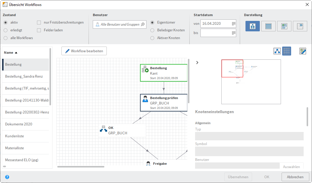 Dialog 'Übersicht Workflows'