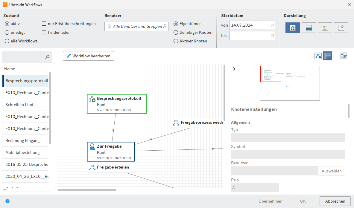 Dialog 'Übersicht Workflows'