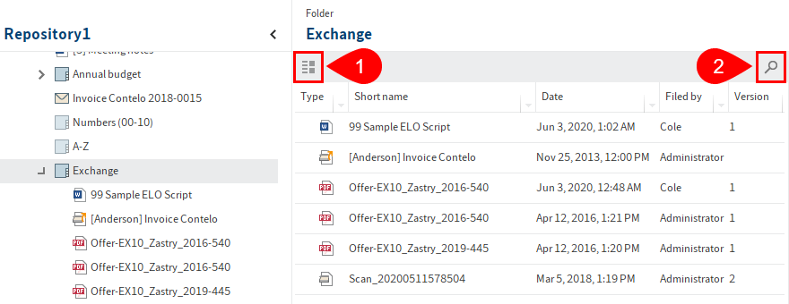 Folder contents in the viewer pane; toolbar with buttons for sorting entries and the search