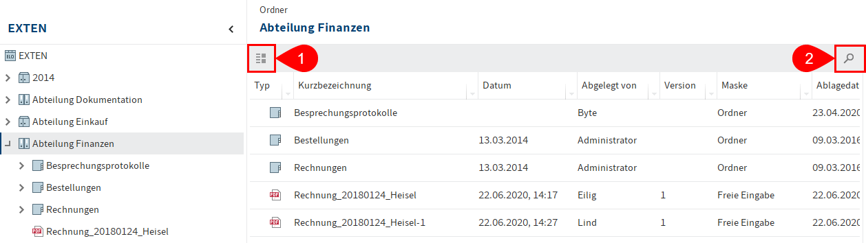 Ordnerinhalt im Anzeigebereich; Funktionsleiste mit Buttons für Sortierung der Einträge und Suche
