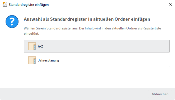 Dialog 'Standardregister einfügen'
