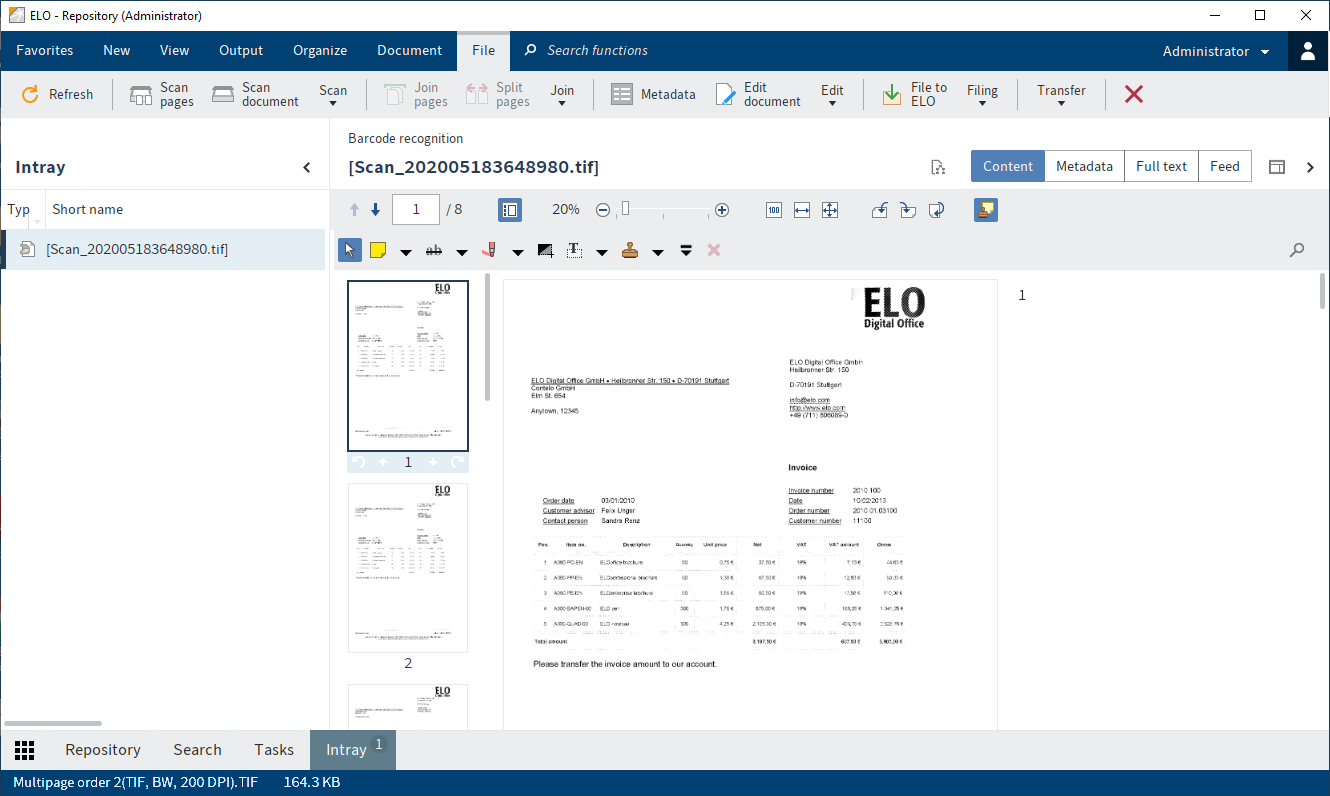 Intray with scanned documents