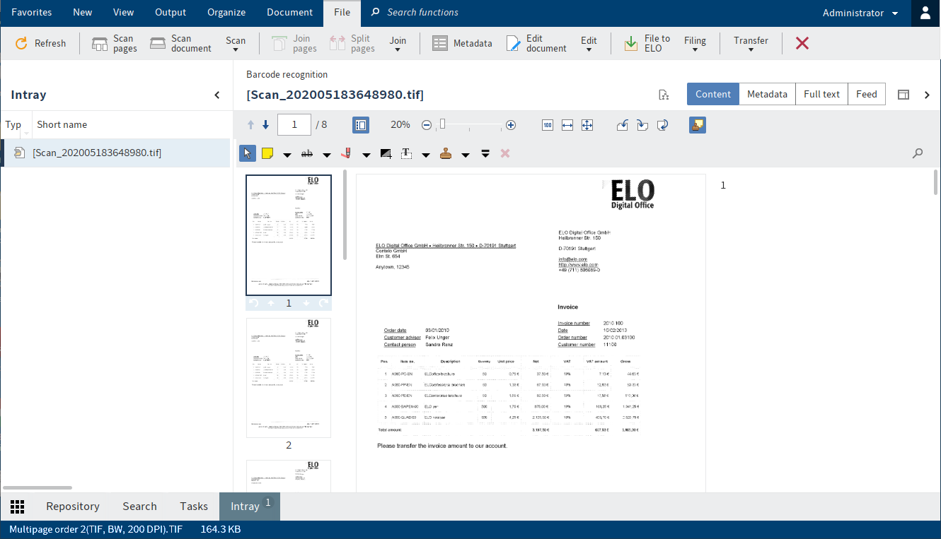 Intray with scanned documents