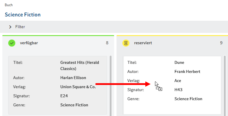 Ein Eintrag wird mit der Maus aus der Spalte 'verfügbar' in die Spalte 'reserviert' verschoben