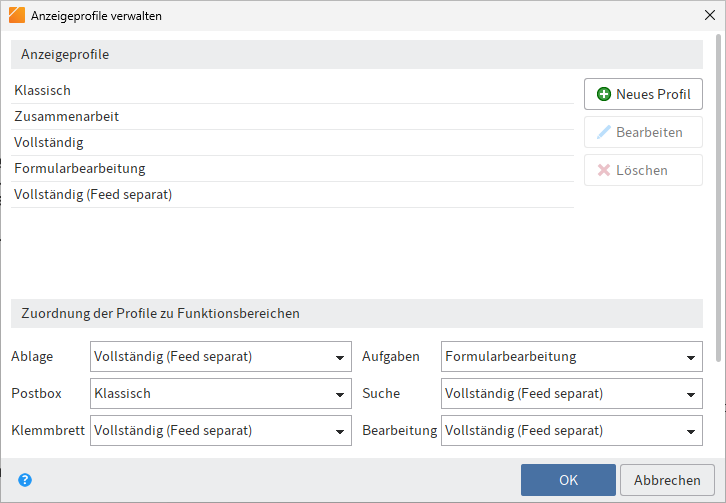 Dialog 'Anzeigeprofile verwalten'