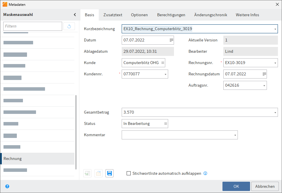 Dialog 'Metadaten' mit Metadatenmaske Gen. 1