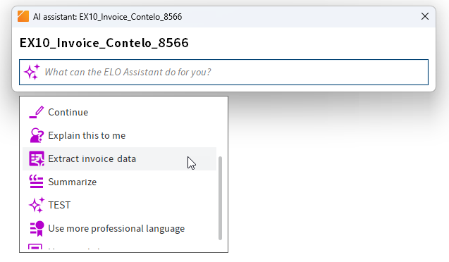 'Extract invoice data' action in the ELO Assistant drop-down menu