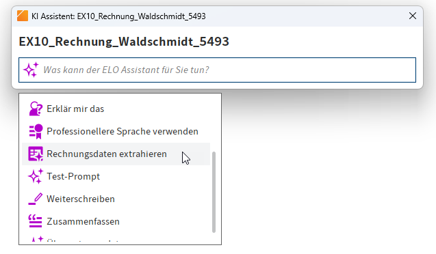 Aktion 'Rechnungsdaten extrahieren' im Auswahlmenü des ELO Assistants