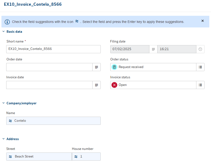 Field suggestions entered in the metadata