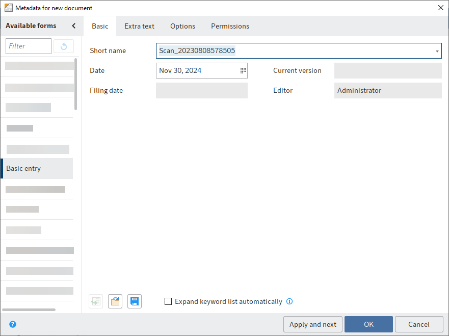 'Metadata for new document' dialog box