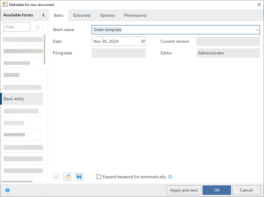 'Metadata for new document' dialog box