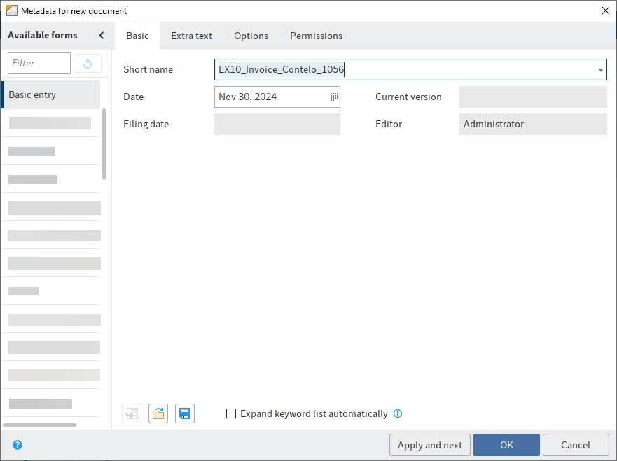 'Metadata for new document' dialog box