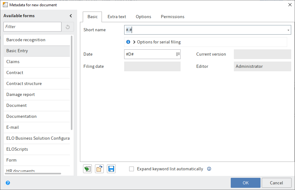 'Metadata for new document' dialog box