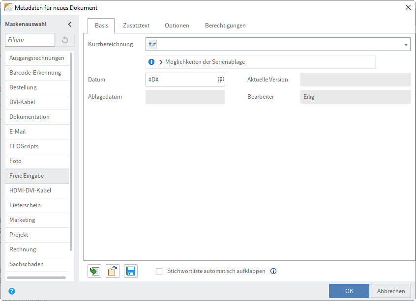 Dialog 'Metadaten für neues Dokument'