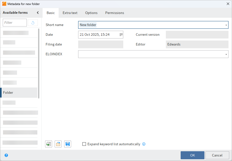 'Metadata for new folder' dialog box